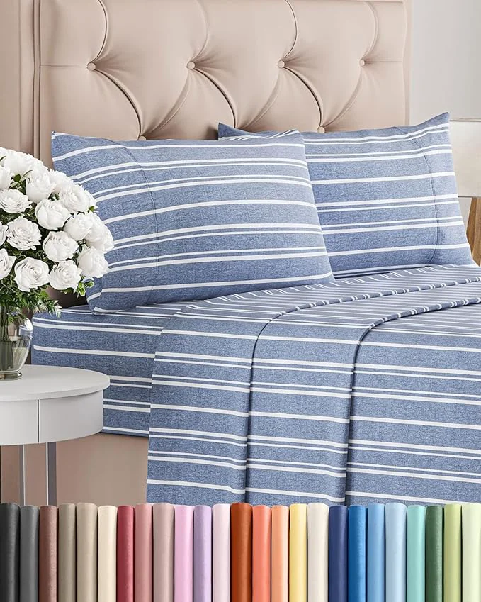 Superior King Size 4 Piece Sheet Set - Comfy Breathable amp Cooling Bed Sheets Set - Hotel Luxury Bedding for Women Men Kids Teens Boys amp Girls - Deep Pockets Soft Wrinkle - Oeko-Tex - Blue Stripes 3 Professional