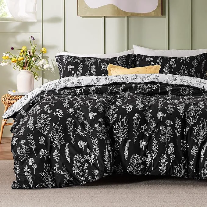 Certified Bedsure Full Comforter Set - Black Bed Set 3 Pieces Cute Floral Bedding 1 Soft Reversible Botanical Flowers Comforter and 2 Pillow Shams Practical