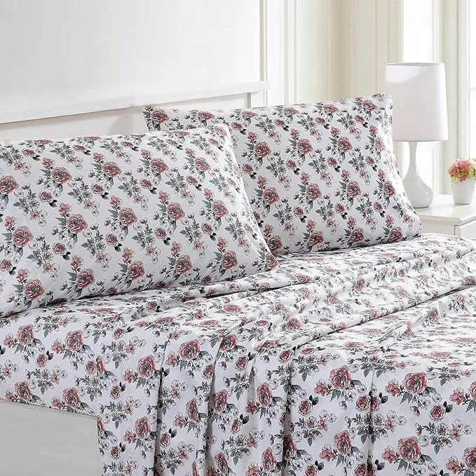 Effective Modern Threads Printed 4-Piece Extra Soft Bedding Sheets amp Pillowcase Set Deep Pocket up to 16 inch Mattress Rose Bloom King