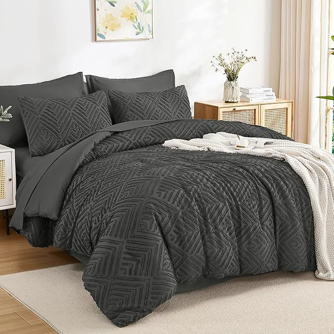 First-Class Andency Oversized Queen Comforter Set 7 Piece Dark Grey - Bed in a Bag Oversized Queen Boho Lightweight Fluffy Tufted Bedding Sets with Comforter Sheets Pillowcases amp Shams Official