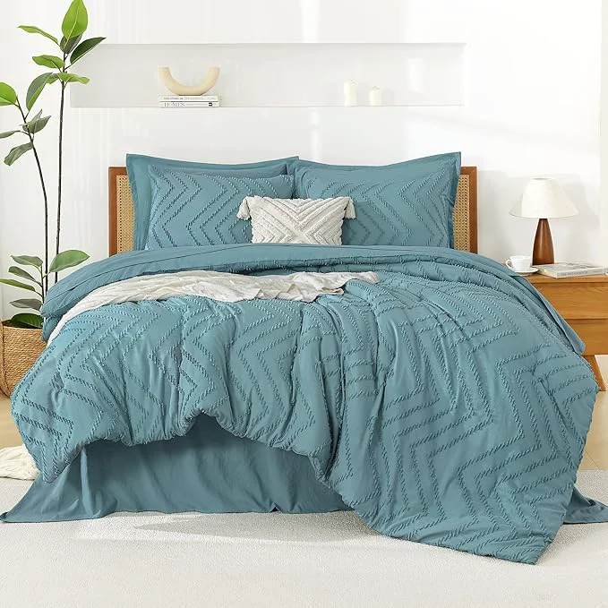 Practical Litanika Super King Plus Size Comforter Set with Sheets Grayish Teal - 7 Pieces Bed in a Bag Oversized King Boho Tufted Complete Bedding Sets with Comforter Sheets Pillowcases amp Shams Premium Material