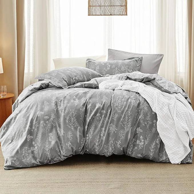 User-Friendly Bedsure Queen Comforter Set - Grey Bed Set 3 Pieces Cute Floral Bedding 1 Soft Reversible Botanical Flowers Comforter and 2 Pillow Shams Smooth