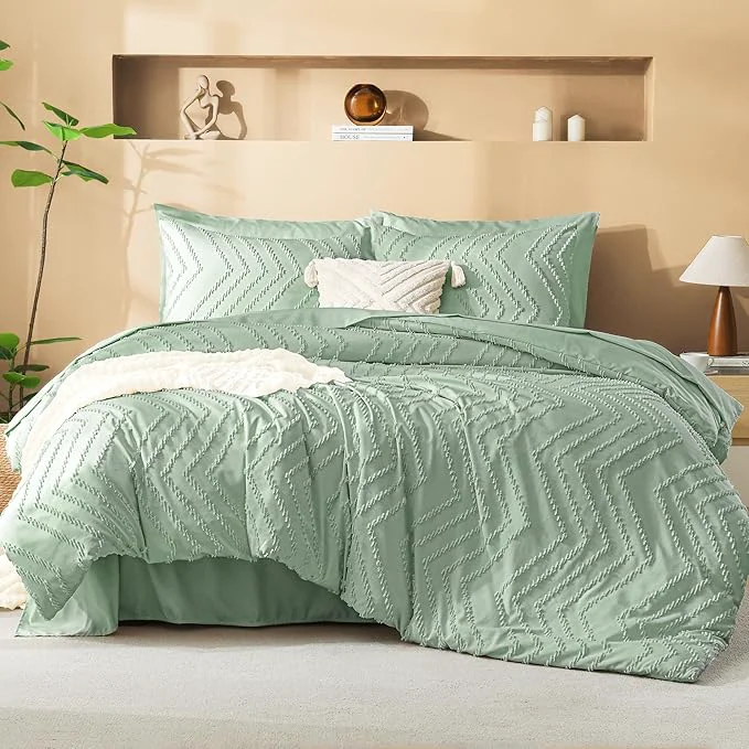Clean Litanika Full Size Comforter Set with Sheets Sage Green- 7 Pieces Bed in a Bag Full Boho Tufted Complete Bedding Sets with Comforter Sheets Pillowcases amp Shams Recyclable