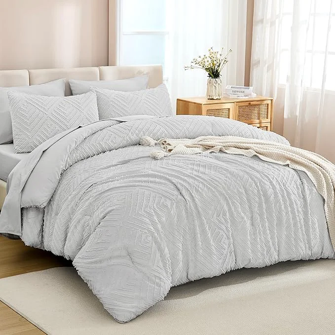 Eco-Friendly Andency California King Size Comforter Set with Sheets Light Grey - 7 Pieces Bed in a Bag Cal King Boho Tufted Lightweight Bedding Sets with Comforter Sheets Pillowcases amp Shams Refined