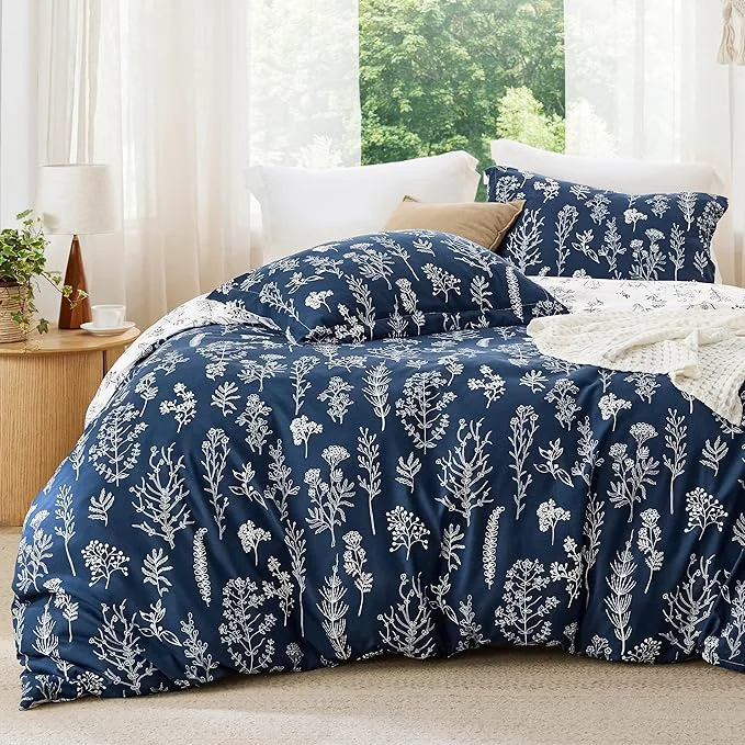 Smooth Bedsure Queen Comforter Set - Navy Bed Set 3 Pieces Cute Floral Bedding 1 Soft Reversible Botanical Flowers Comforter and 2 Pillow Shams High-Grade