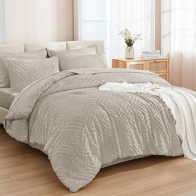 Relaxed Andency Queen Comforter Set 7 Piece Linen - Bed in a Bag Queen Boho Lightweight Fluffy Tufted Bedding Sets with Comforter Sheets Pillowcases amp Shams Dependable