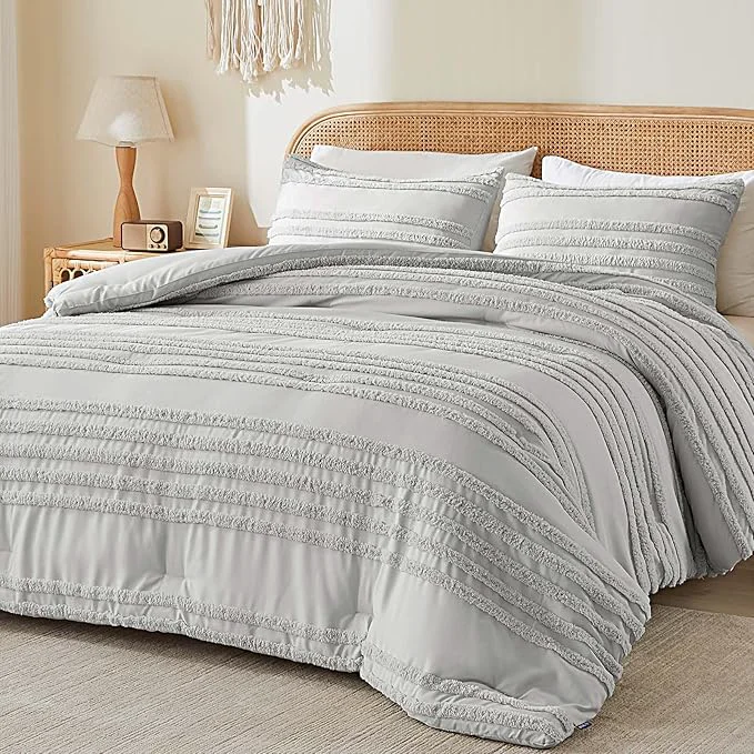 Flexible BEDELITE Boho Comforter Set Queen Size Light Grey Tufted Striped Bed Set 3 Pieces Soft Vintage Farmhouse Comforter for All Seasons Boho Home Decor Fluffy Jacquard Bedding with 2 Pillow Shams Genuine