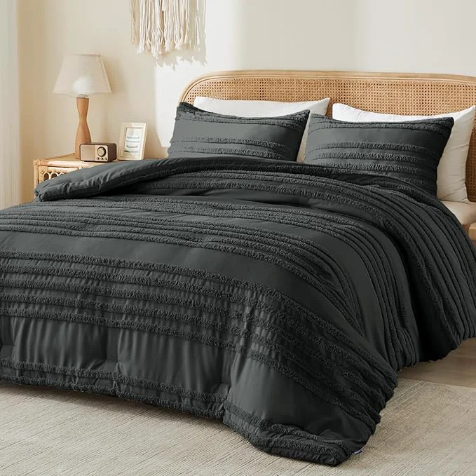 Professional BEDELITE Boho King Size Comforter Set - Dark Grey Tufted Striped Bed Set 3 Pieces Soft Vintage Farmhouse Comforter for All Seasons Boho Home Decor Fluffy Jacquard Bedding with Pillow Sham Consistent