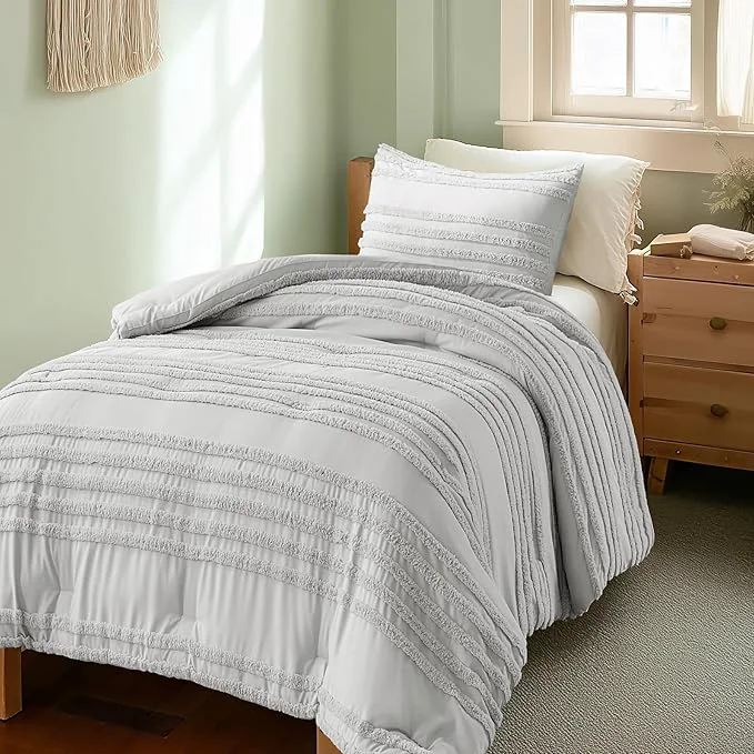Premium Material BEDELITE Boho Twin Twin XL Comforter Set，Light Grey Tufted Striped Bed Set 2 Pieces Soft Vintage Farmhouse Comforter for College Boho Home Dorm Decor Fluffy Jacquard Bedding with 1 Pillow Sham Easy-to-Use