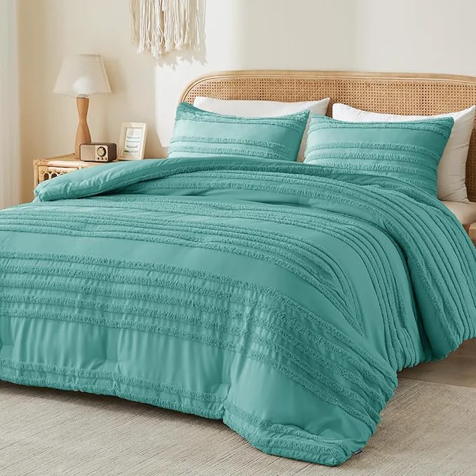 Official BEDELITE Boho Comforter Set Queen Size Aqua Tufted Striped Bed Set 3 Pieces Soft Vintage Farmhouse Comforter for All Seasons Boho Home Decor Fluffy Jacquard Bedding with 2 Pillow Shams Effective