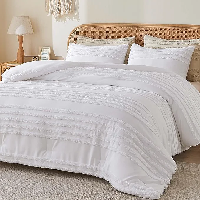 Fine Crafted BEDELITE Boho King Size Comforter Set - White Tufted Striped Bed Set 3 Pieces Soft Vintage Farmhouse Comforter for All Seasons Boho Home Decor Fluffy Jacquard Bedding with Pillow Sham Detailed