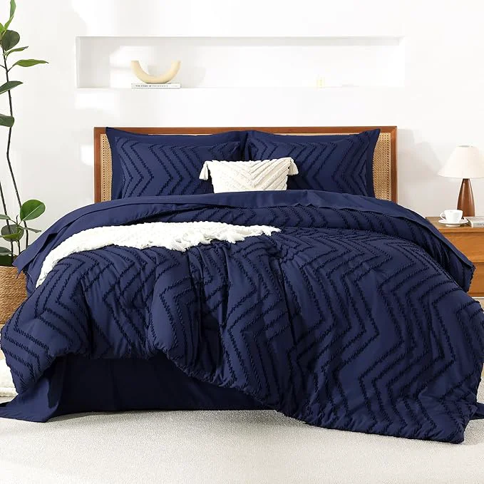 Effective Litanika California King Size Comforter Set with Sheets Navy Blue - 7 Pieces Bed in a Bag Cal King Chevron Tufted Complete Bedding Sets with Comforter Sheets Pillowcases amp Shams Fashionable
