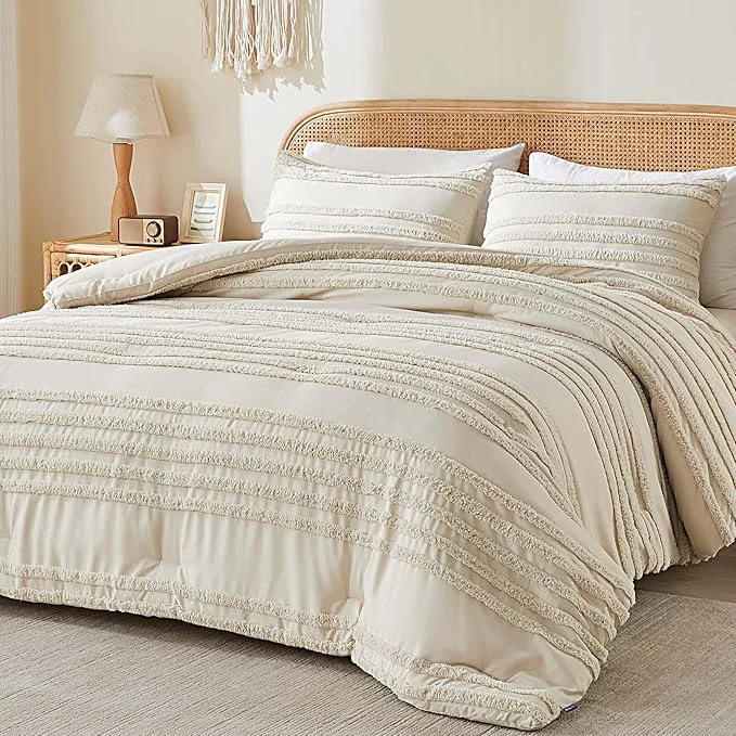 Healthy BEDELITE Boho King Size Comforter Set - Beige Tufted Striped Bed Set 3 Pieces Soft Vintage Farmhouse Comforter for All Seasons Boho Home Decor Fluffy Jacquard Bedding with Pillow Sham Dependable