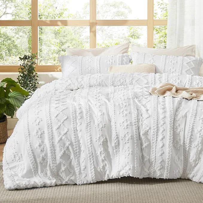 Contemporary Bedsure Tufted Boho Comforter Set California King - Bright White Boho Bed Set GentleSoft™ 3 Pieces Farmhouse Shabby Chic Embroidery Bedding Gifts for Woman Soft Jacquard Comforter for All Seasons Unique