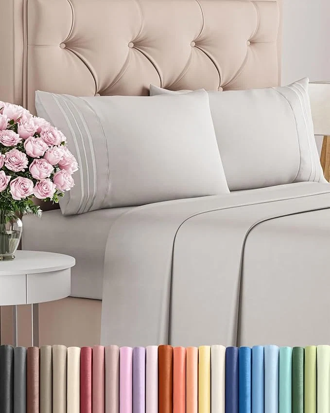 Modern Queen Size 4 Piece Sheet Set - Comfy Breathable amp Cooling Bed Sheets Set - Hotel Luxury Bedding for Women Men Kids Teens Boys amp Girls - Deep Pockets Soft Wrinkle - Oeko-Tex - French Grey Secure