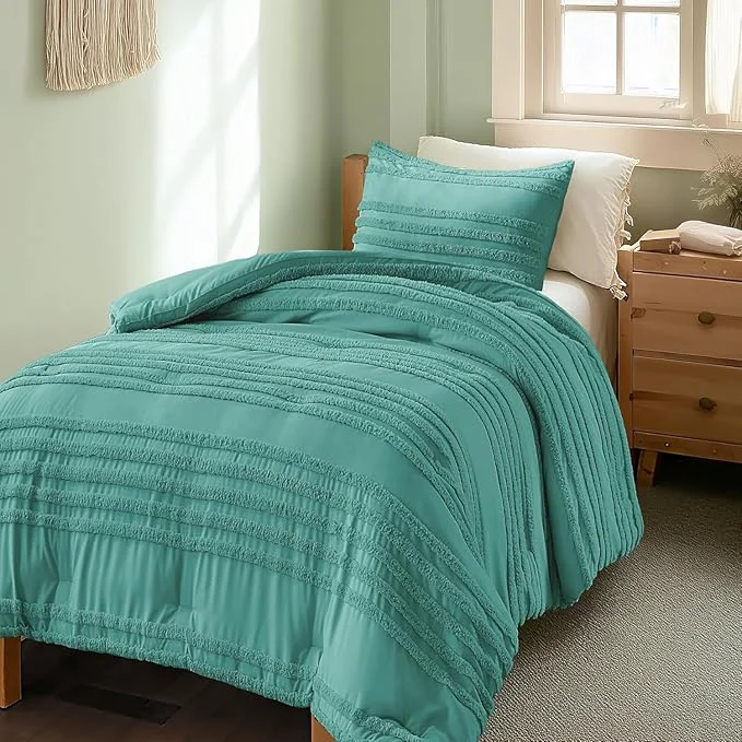 Elegant BEDELITE Boho Twin Twin XL Comforter Set，Aqua Tufted Striped Bed Set 2 Pieces Soft Vintage Farmhouse Comforter for College Boho Home Dorm Decor Fluffy Jacquard Bedding with 1 Pillow Sham Quality