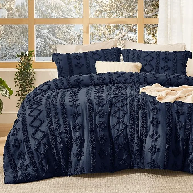 Professional Bedsure Tufted Boho Comforter Set King Size - Navy Boho Bed Set GentleSoft™ 3 Pieces Farmhouse Shabby Chic Embroidery Bedding Gifts for Woman Soft Jacquard King Comforter for All Seasons Premium