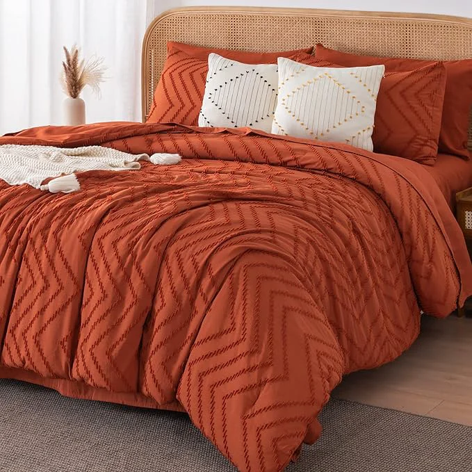 Expertly Made Litanika Oversized Queen Size Comforter Set with Sheets Burnt Orange - 7 Pieces Bed in a Bag Oversized Queen Boho Tufted Complete Bedding Sets with Comforter Sheets Pillowcases amp Shams Luxury