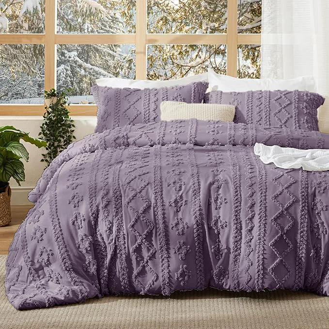 Functional Bedsure Tufted Boho Comforter Set Twin Size - Grayish Purple Boho Bed Set GentleSoft™ 2 Pieces Farmhouse Shabby Chic Embroidery Bedding Gifts for Woman Soft Jacquard Twin Comforter for All Seasons Responsible