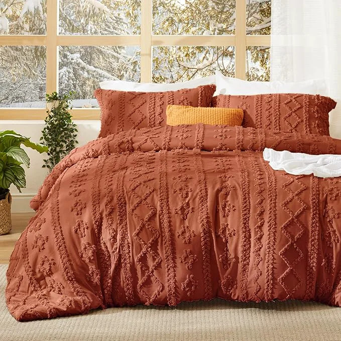 Smart Bedsure Tufted Boho Comforter Set California King - Terracotta Boho Bed Set GentleSoft™ 3 Pieces Farmhouse Shabby Chic Embroidery Bedding Gifts for Woman Soft Jacquard Comforter for All Seasons Excellent