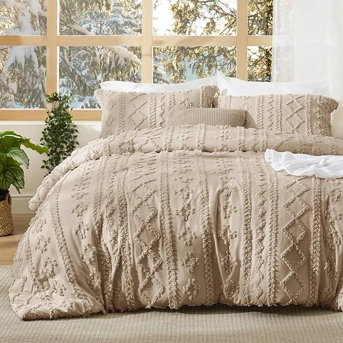 Optimized Bedsure Tufted Boho Comforter Set California King Size - Khaki Boho Bed Set GentleSoft™ 3 Pieces Farmhouse Shabby Chic Embroidery Bedding Gifts for Woman Soft Jacquard Comforter for All Seasons Premium Material