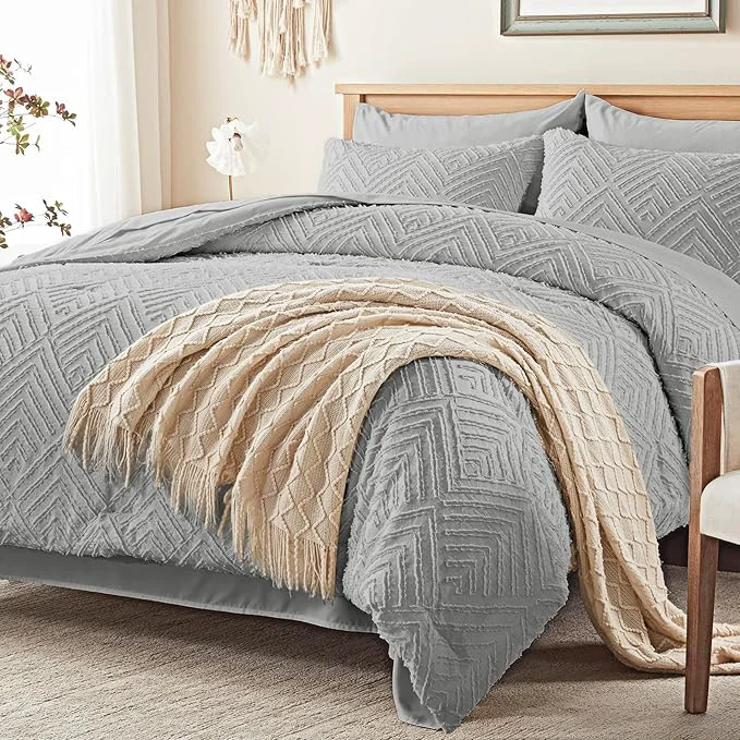 Crafted Zzlpp King Comforter Set 7 Pieces Light Grey Tufted Bed in a Bag with Comforter and Sheets All Season Boho Bedding Sets with Comforter 2 Pillow Shams 2 Pillowcases 1 Flat Sheet 1 Fitted Sheet High-Performance