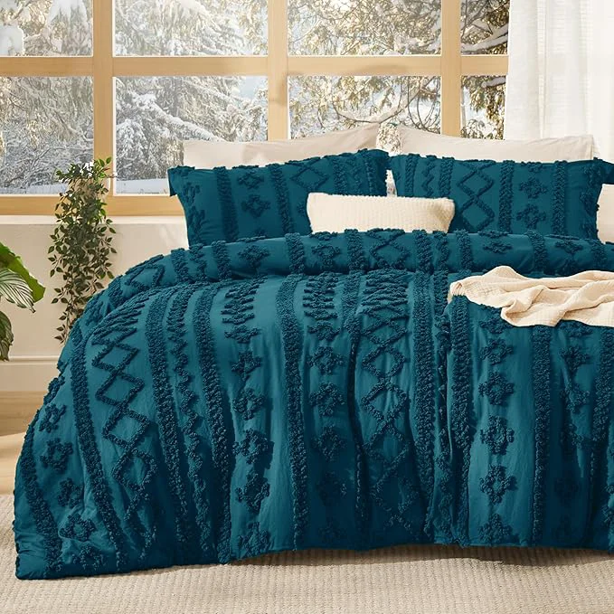 Top-Quality Bedsure Tufted Boho Comforter Set King Size - Teal Boho Bed Set GentleSoft 3 Pieces Farmhouse Shabby Chic Embroidery Bedding Gifts for Woman Soft Jacquard King Comforter for All Seasons High-Grade