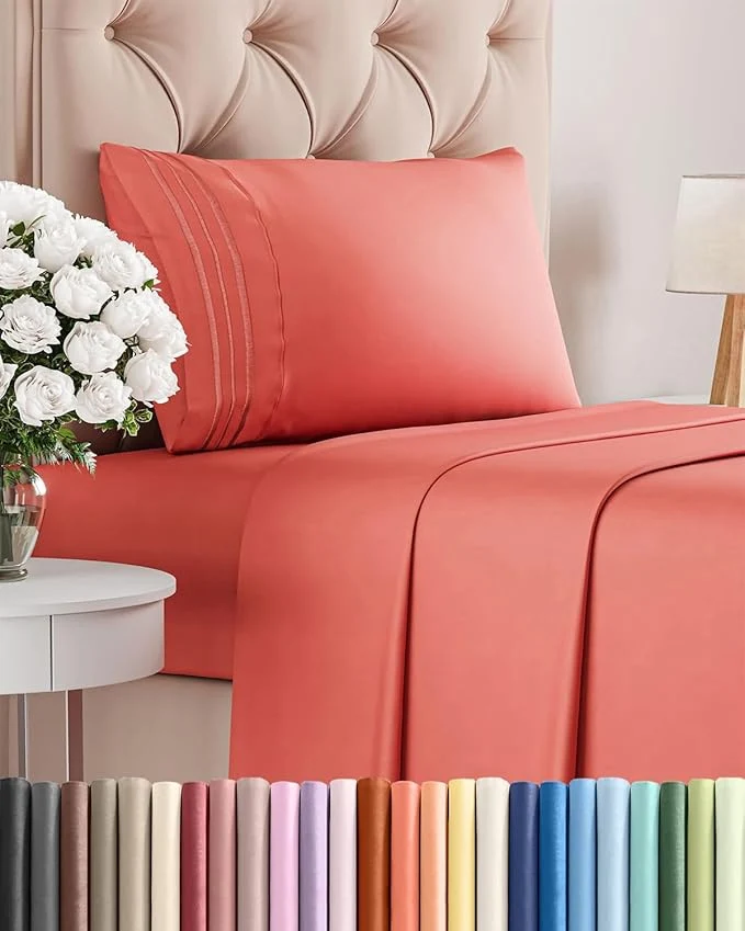 High-End Twin XL Size 3 Piece Sheet Set - Comfy Breathable amp Cooling Bed Sheets Set - Hotel Luxury Bedding for Women Men Kids Teens Boys amp Girls - Deep Pockets Ultra-Soft Wrinkle - Oeko-Tex - Coral Contemporary