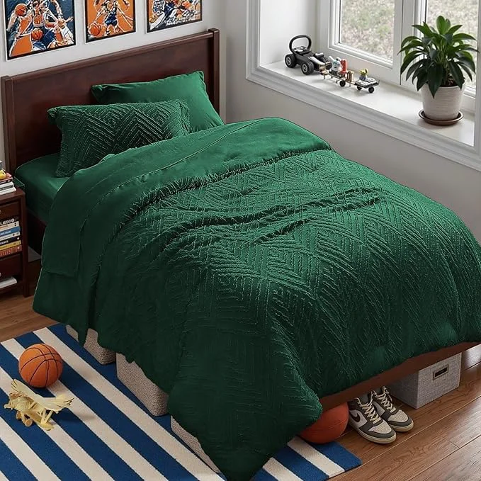 Efficient Zzlpp Twin Comforter Set 5 pieces Emerald Green Tufted Bed in a Bag with Comforter and Sheets All Season Boho Bedding Sets with 1 Comforter 1 Pillow Sham 1 Pillowcase 1 Flat Sheet 1 Fitted Sheet Long-Lasting