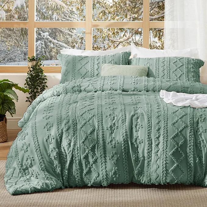 Fine Bedsure Tufted Boho Comforter Set King Size - Green Boho Bed Set GentleSoft™ 3 Pieces Farmhouse Shabby Chic Embroidery Bedding Gifts for Woman Soft Jacquard King Comforter for All Seasons Lightweight