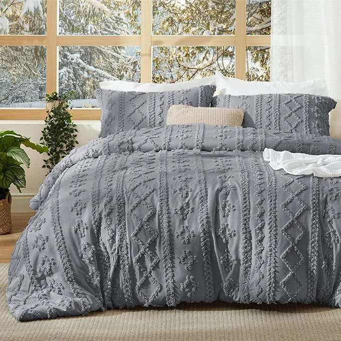 Secure Bedsure Tufted Boho Comforter Set King Size - Grey Boho Bed Set GentleSoft™ 3 Pieces Farmhouse Shabby Chic Embroidery Bedding Gifts for Woman Soft Jacquard King Comforter for All Seasons Traditional