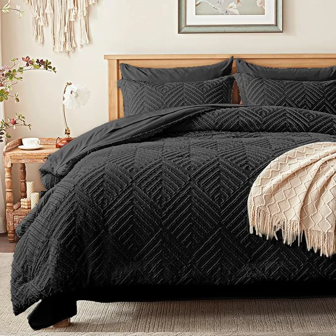 Functional Zzlpp King Comforter Set 7 Pieces Black Tufted Bed in a Bag with Comforter and Sheets All Season Boho Bedding Sets with Comforter 2 Pillow Shams 2 Pillowcases 1 Flat Sheet 1 Fitted Sheet High-Performance