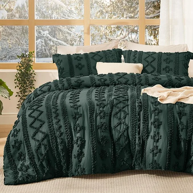 Powerful Bedsure Tufted Boho Comforter Set Twin Size - Dark Green Boho Bed Set GentleSoft™ 2 Pieces Farmhouse Shabby Chic Embroidery Bedding Gifts for Woman Soft Jacquard Twin Comforter for All Seasons Superior