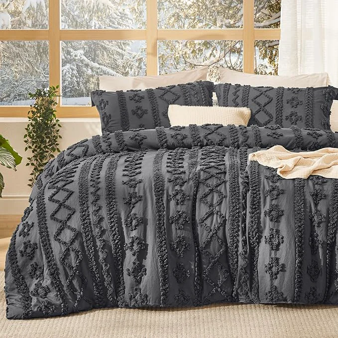 Reliable Bedsure Tufted Boho Comforter Set Queen Size - Dark Grey Boho Bed Set GentleSoft™ 3 Pieces Farmhouse Shabby Chic Embroidery Bedding Gifts for Woman Soft Jacquard Queen Comforter for All Seasons High-Quality