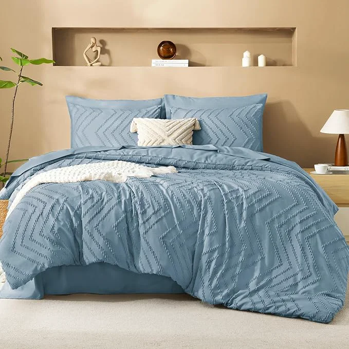 Pure Litanika Twin Comforter Set with Sheets Dusty Blue - 5 Pieces Boho Tufted Shabby Chic Bed in a Bag Fluffy Soft Farmhouse Bed Set for All Seasons First-Class