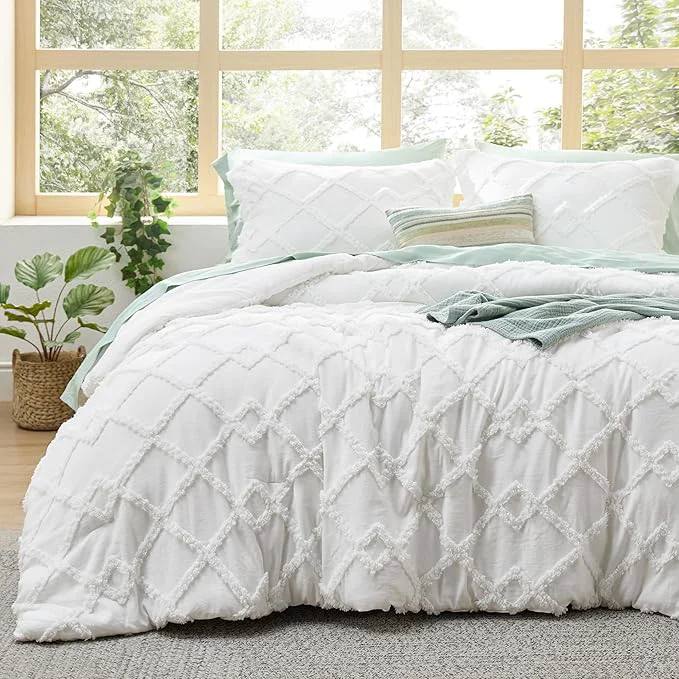 Original Design Bedsure Boho Comforter Set Twin - White Tufted Twin Size Comforter 2 Pieces Farmhouse Shabby Chic Embroidery Bed Set Soft Fluffy Geometric Pattern Bedding for All Seasons Prestigious