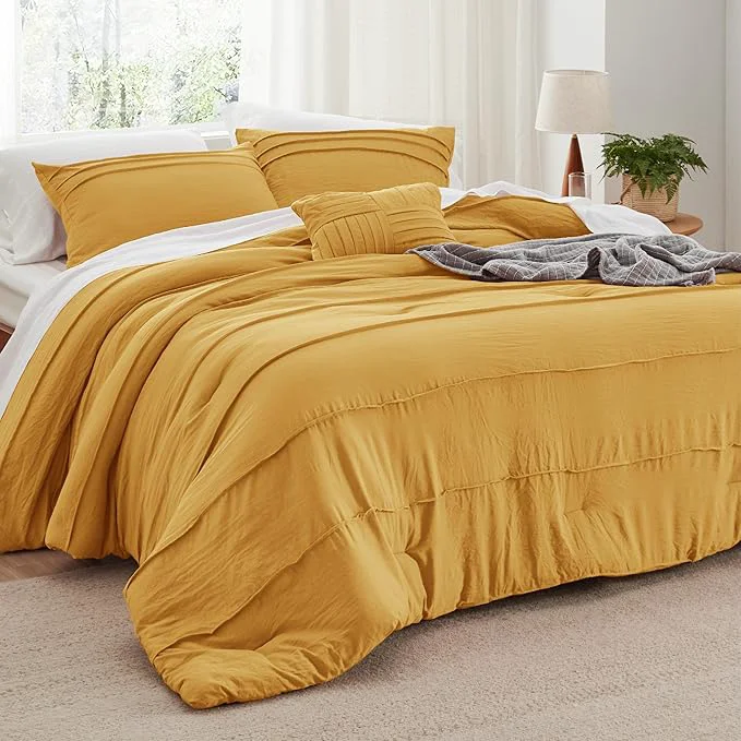 Secure Bedsure King Comforter Set - 4 Pieces Pinch Pleat Bed Set Mustard Yellow Boho Bedding for All Season 1 Soft Comforter 2 Pillowcases 1 Decorative Pillow Versatile