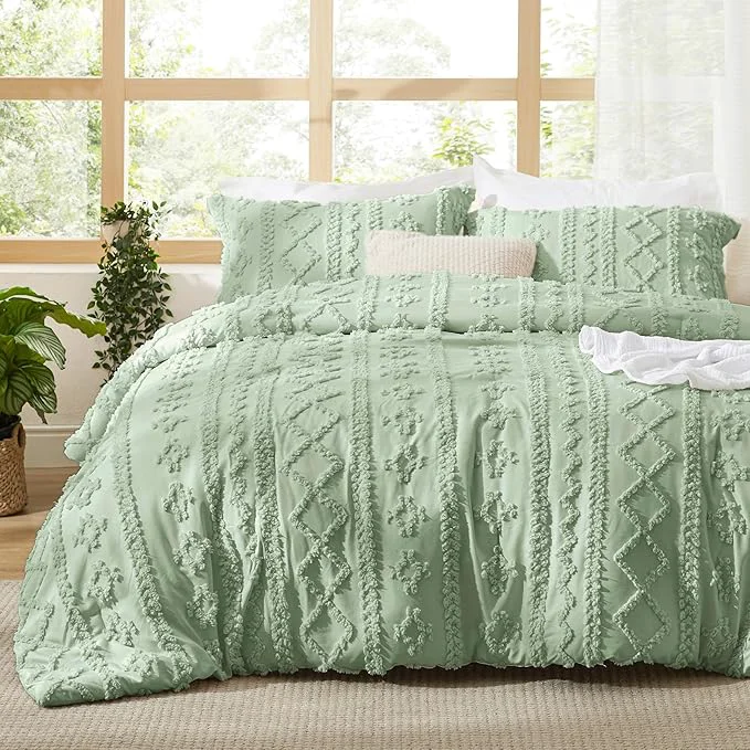 Artisan Bedsure Tufted Boho Comforter Set Full Size - Sage Green Boho Bed Set GentleSoft™ 3 Pieces Farmhouse Shabby Chic Embroidery Bedding Gifts for Woman Soft Jacquard Full Comforter for All Seasons Advanced