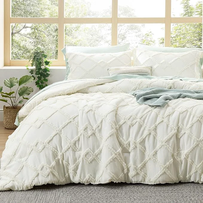 Minimalist Bedsure Boho Comforter Set King - Ivory Tufted King Size Comforter 3 Pieces Farmhouse Shabby Chic Embroidery Bed Set Soft Fluffy Geometric Pattern Bedding for All Seasons High-Performance