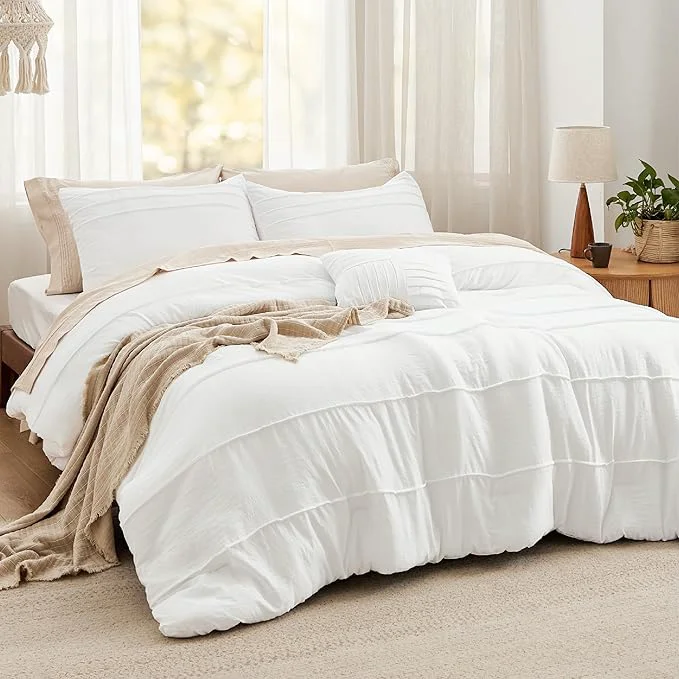 Advanced Bedsure Full Comforter Set - 4 Pieces Pinch Pleat Bed Set White Boho Bedding for All Season 1 Soft Comforter 2 Pillowcases 1 Decorative Pillow Verified