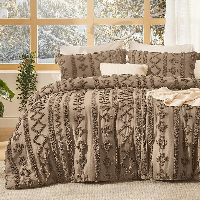Stylish Bedsure Tufted Boho Comforter Set California King Size - Light Brown Boho Bed Set GentleSoft™ 3 Pieces Farmhouse Shabby Chic Embroidery Bedding Gifts for Woman Jacquard Comforter for All Seasons Smart