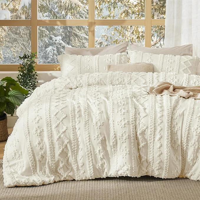 Pure Bedsure Tufted Boho Comforter Set California King Size - Ivory Boho Bed Set GentleSoft™ 3 Pieces Farmhouse Shabby Chic Embroidery Bedding Gifts for Woman Soft Jacquard Comforter for All Seasons Advanced