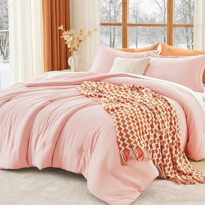 Refined MUXHOMO Queen Comforter Set All Season Ultra Soft Down Bedding - 3 Piece Lightweight Bed Set Includes 1 Comforter 90 quot x90 quot and 2 Pillow Shams 20 quot x26 quot Blush Durable