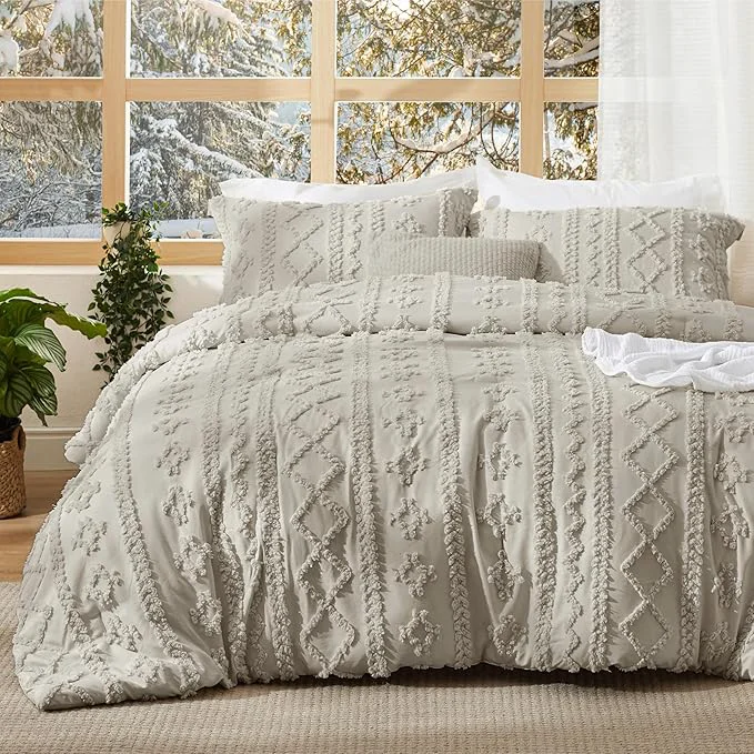 Solid Bedsure Tufted Boho Comforter Set Twin Size - Linen Boho Bed Set GentleSoft™ 2 Pieces Farmhouse Shabby Chic Embroidery Bedding Gifts for Woman Soft Jacquard Twin Comforter for All Seasons Minimalist