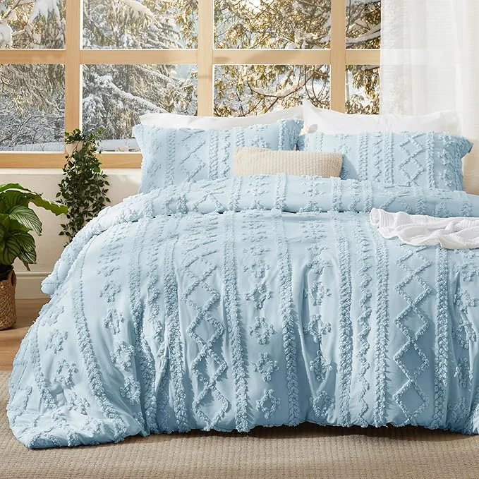 Easy-to-Use Bedsure Tufted Boho Comforter Set Twin Size - Light Blue Boho Bed Set GentleSoft™ 2 Pieces Farmhouse Shabby Chic Embroidery Bedding Gifts for Woman Soft Jacquard Twin Comforter for All Seasons Exclusive