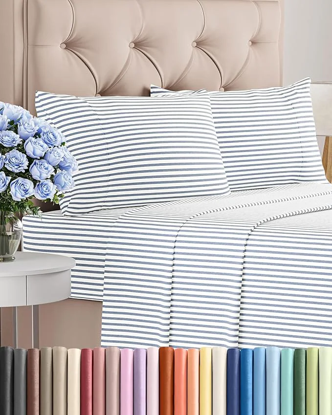 Artisan Full Size 4 Piece Sheet Set - Comfy Breathable amp Cooling Bed Sheets Set - Hotel Luxury Bedding for Women Men Kids Teens Boys amp Girls - Deep Pockets Soft Wrinkle - Oeko-Tex - Blue Stripes 2 Crafted