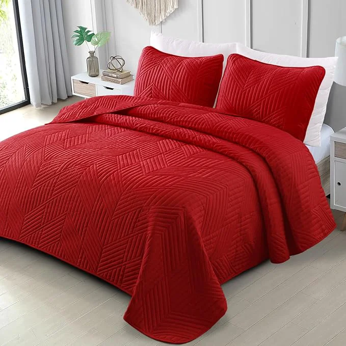 Excellent Exclusivo Mezcla Ultrasonic King Quilt Bedding Set Lightweight Red Bedspreads Soft Modern Geometric Coverlet Set for All Seasons 1 Quilt and 2 Pillow Shams Superior
