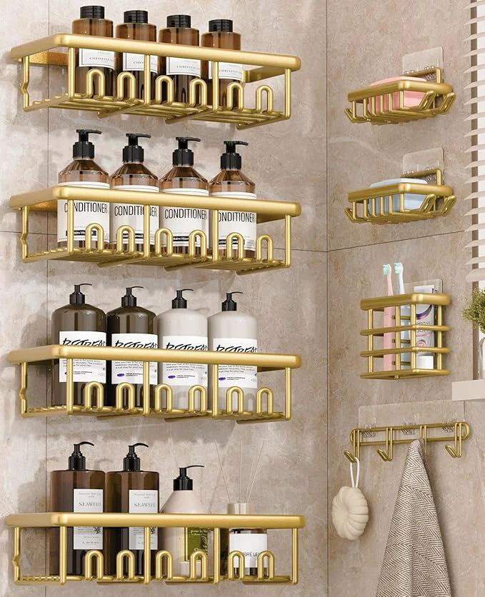 Premium Material 8 Pack Adhesive Rustproof Shower Shelves Easy-to-Use