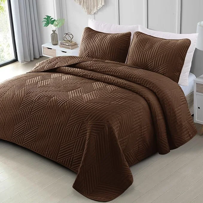 Convenient Exclusivo Mezcla Ultrasonic Full Queen Quilt Bedding Set Lightweight Brown Bedspreads Soft Modern Geometric Coverlet Set for All Seasons 1 Quilt and 2 Pillow Shams Safe