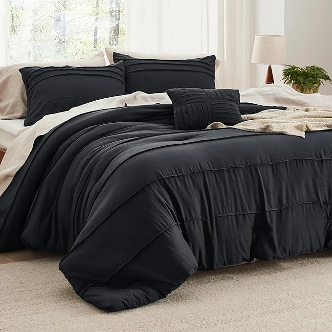 Clean Bedsure Full Comforter Set - 4 Pieces Pinch Pleat Bed Set Black Boho Bedding for All Season 1 Soft Comforter 2 Pillowcases 1 Decorative Pillow Premium